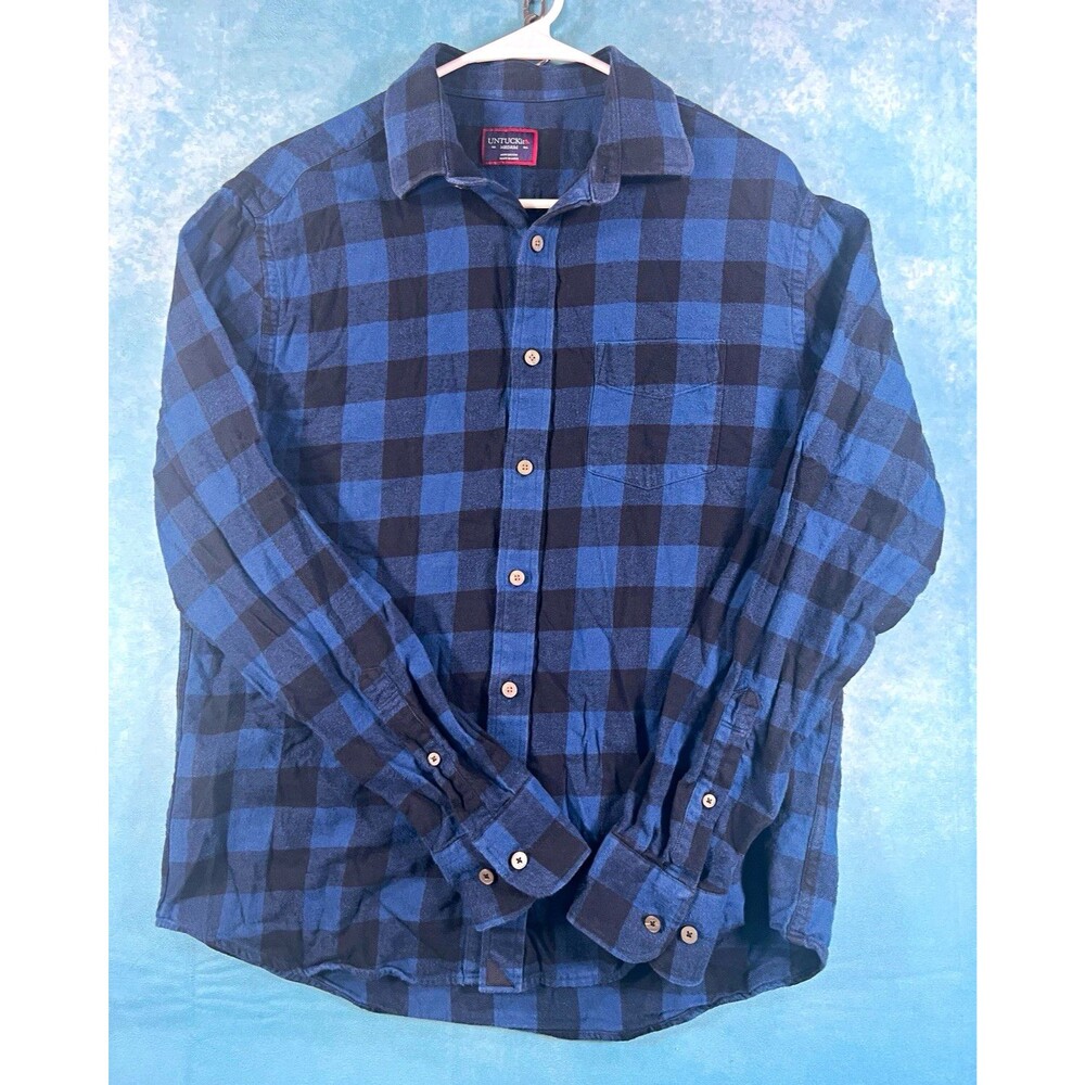 UNTUCKit Men's M Blue Black Plaid Cotton Flannel Long Sleeve Button-Up Shirt
